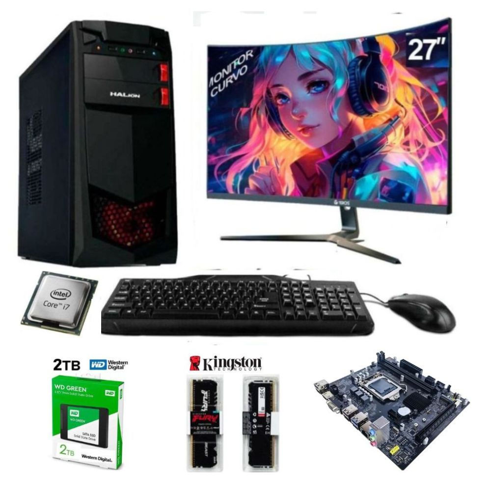 PC Intel Core i7-6TH + 32GB RAM + 2TB  SSD Disco + Monitor 27 " FHD + Case Halion 350W + Teclado y mouse Logitech 2 en 1, FreeDOS