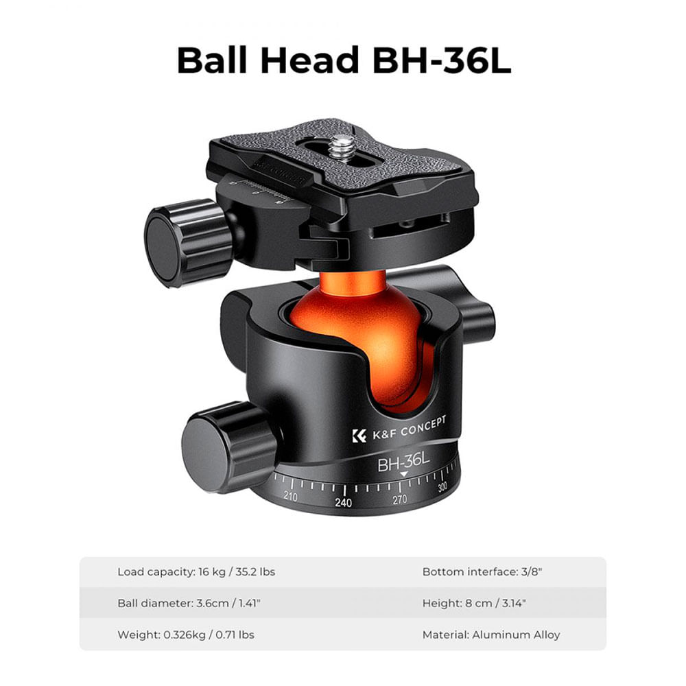 Imagen 2 del producto Cabezal para trípode K&F Concept KF31.044v1 - BH-36L, bola 36 mm, carga 16 kg, panorámico 360°, nivel burbuja