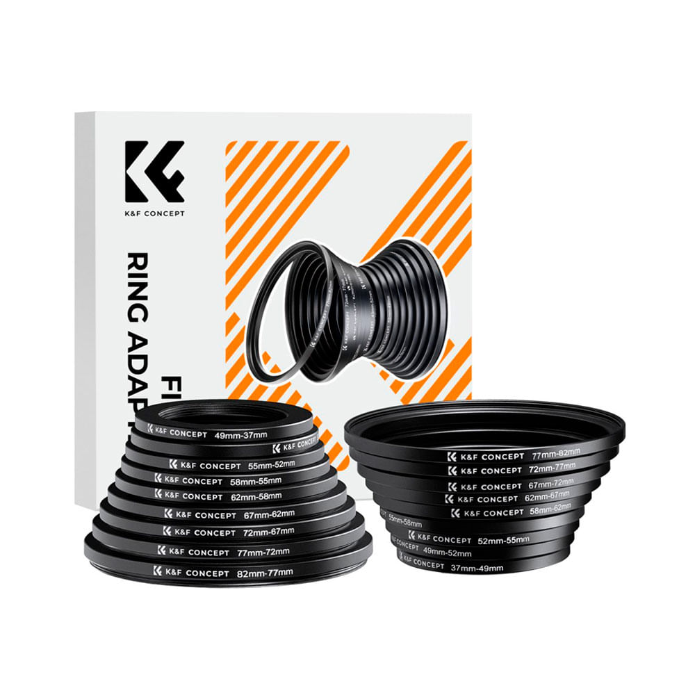 Set de 18 anillos adaptadores Filtro K&F Concept, 9 ascendentes + 9 reductores (37-82mm)