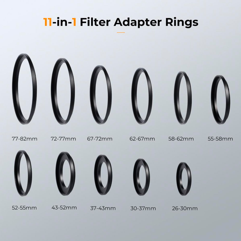 Imagen 2 del producto Set de 11 anillos ascendentes K&F Concept, metálicos 26-82mm para filtros y lentes