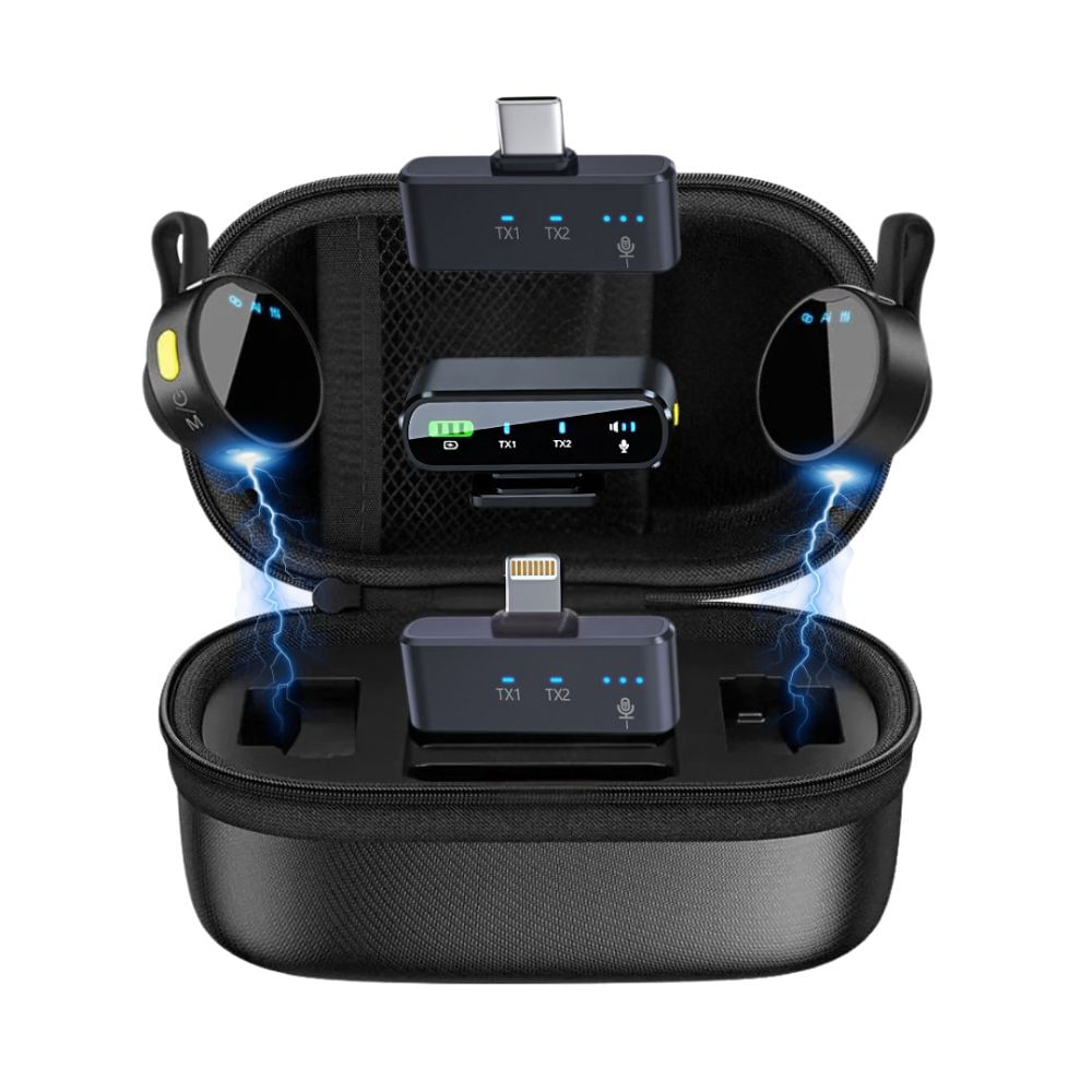Micrófono M97 PRO inalámbrico dual con 3 receptores, estuche de carga y reducción de ruido