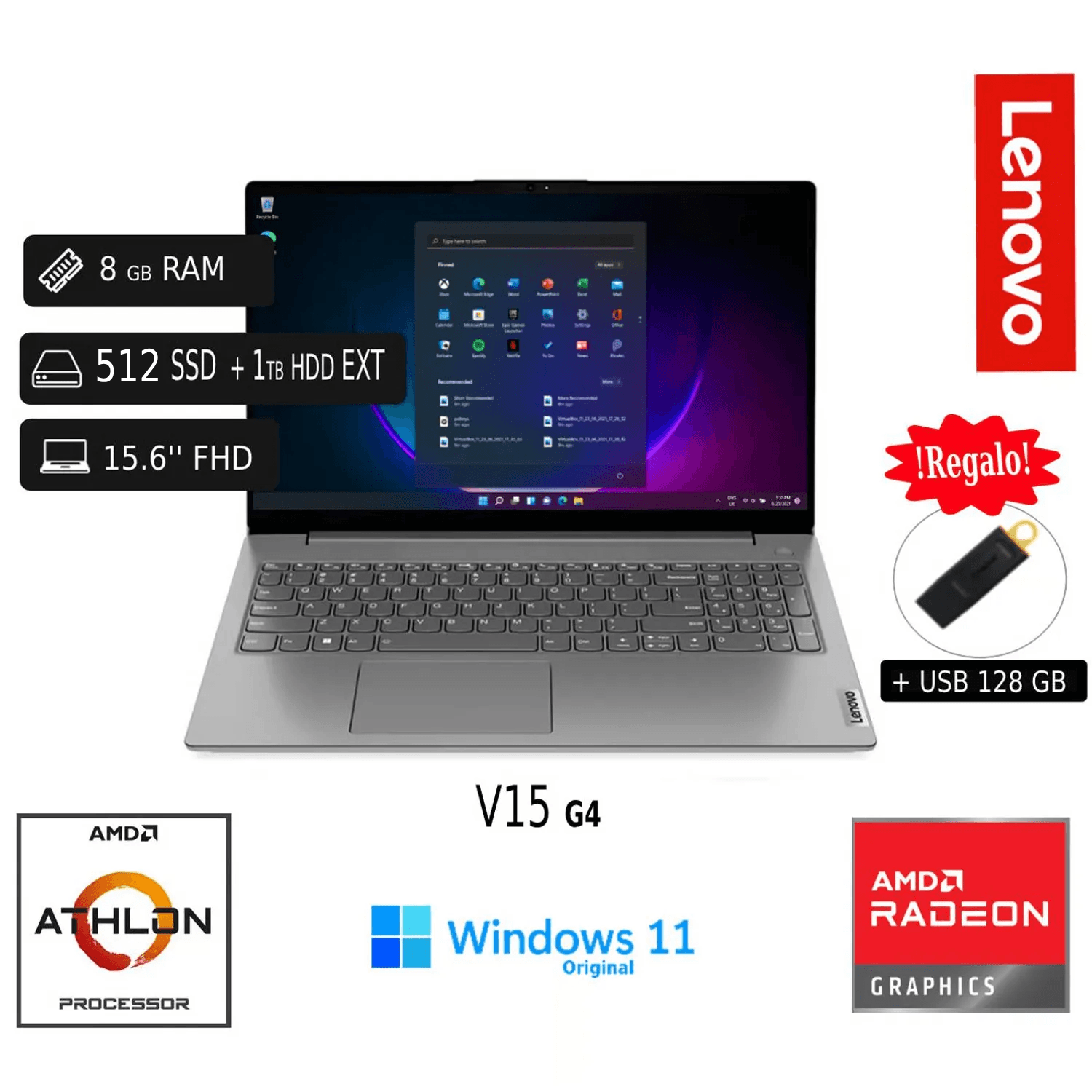 Imagen 2 del producto Laptop Lenovo V15 G4 AMD 7120U 8GB RAM, 15.6"", 512GB SSD, Windows 11 Pro + 1TB HDD EXT + USB 128GB + Cable de Red 20m