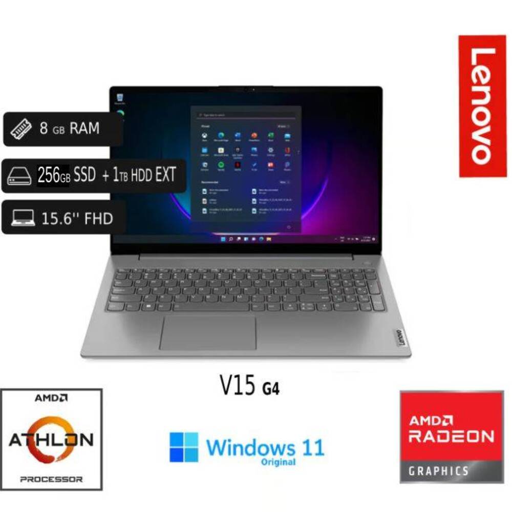 Imagen 2 del producto Laptop Lenovo V15 G4 AMD 7120U, 8GB RAM, 256GB SSD + 1TB HDD ext, Windows 11 Pro, incluye cooler, maletín, mouse y cable de red