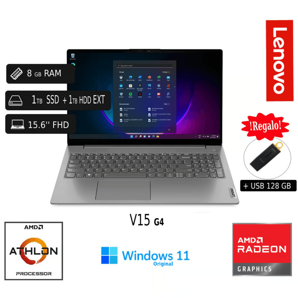 Imagen 2 del producto Laptop Lenovo V15 G4 AMD 7120U, 15.6"", 8GB RAM 1TB SSD, Windows 11 Pro + 1TB HDD EXT 15.6"" + USB 128GB + maletín y mouse