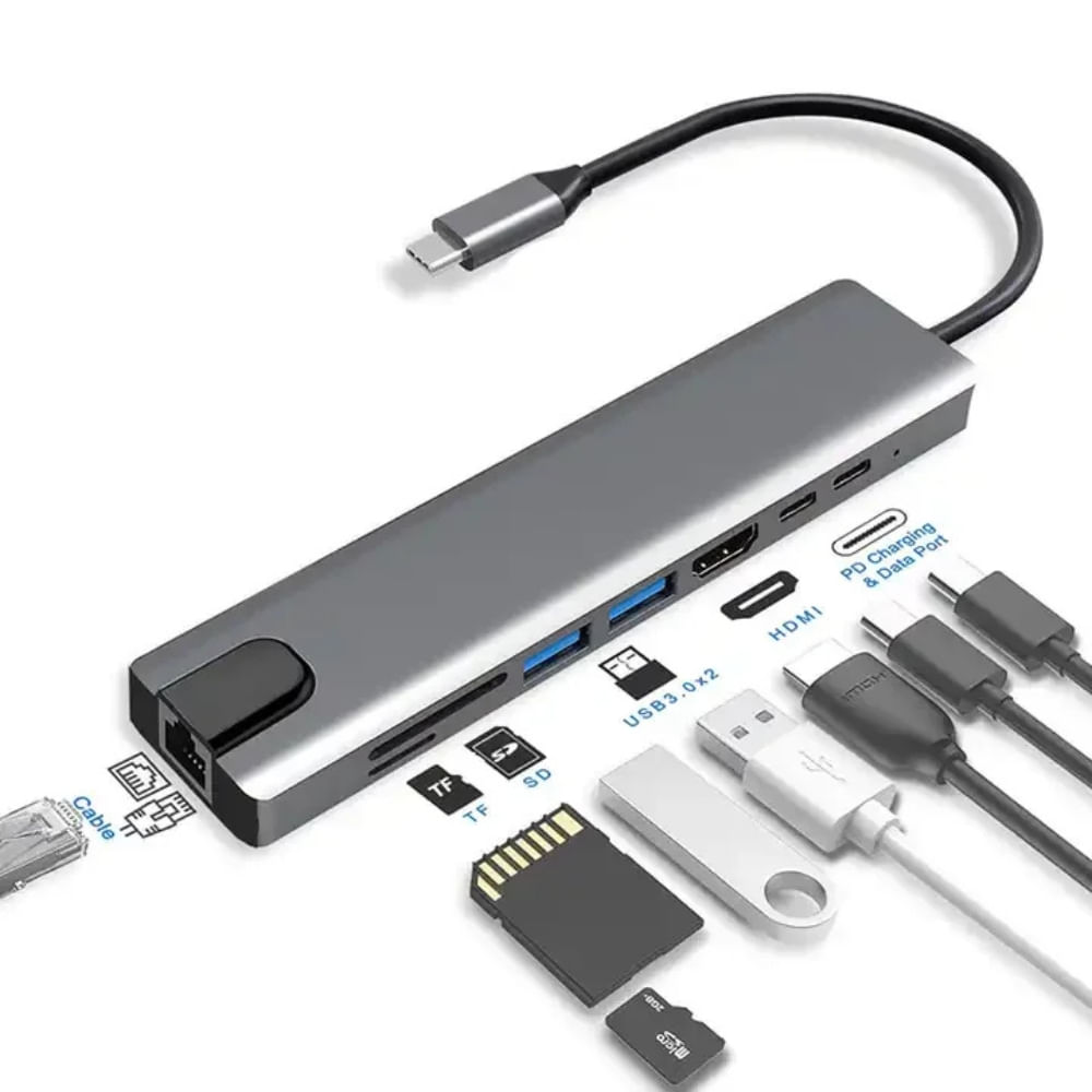 Imagen 2 del producto Hub USB Tipo-C, 8 puertos, 3 USB 3.0, HDMI 4K, Ethernet, SD, microSD y USB Tipo-C PD