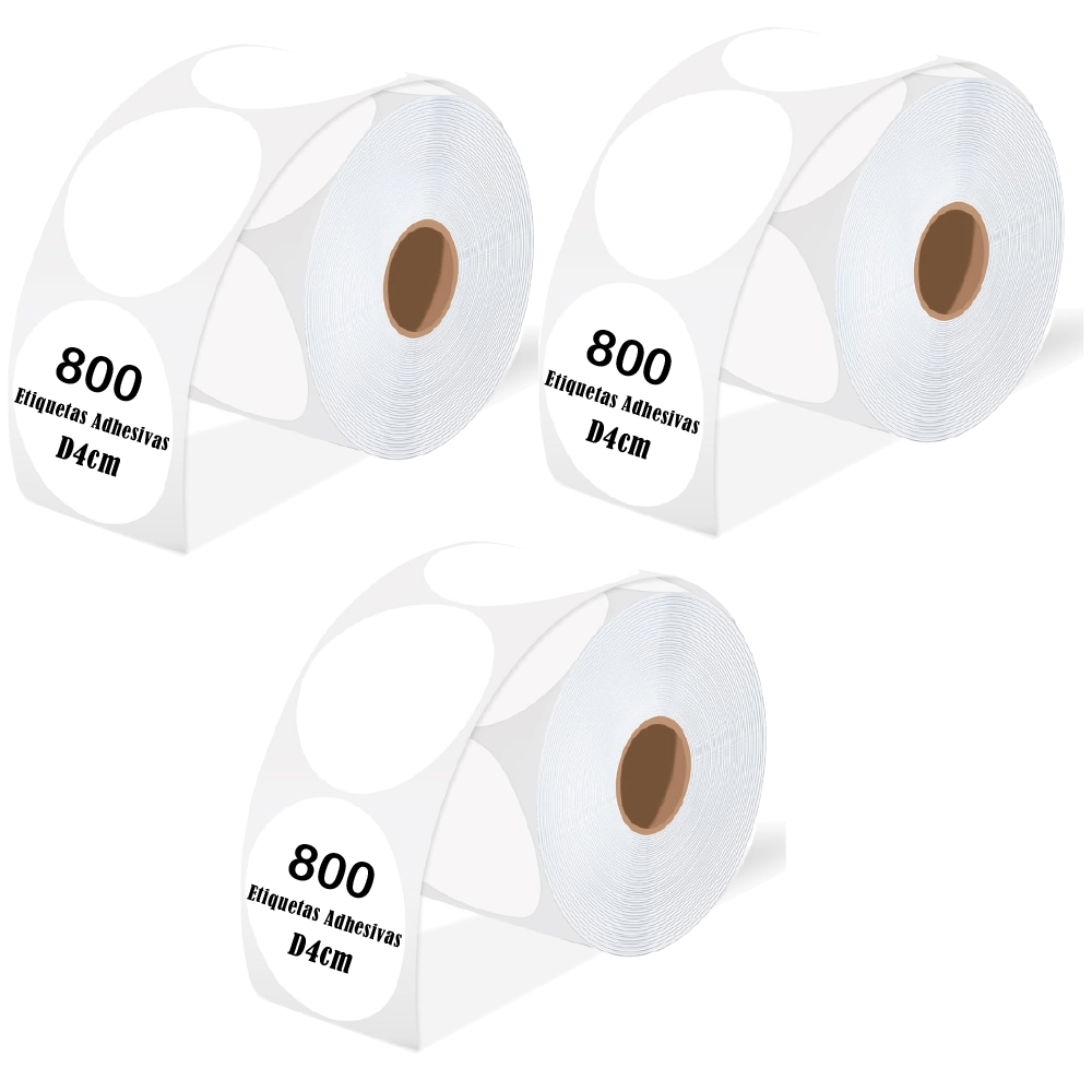 Pack x3 rollos de 800 etiquetas térmicas adhesivas circulares 4cm, impermeables y sin BPA