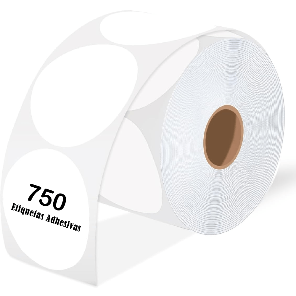 Imagen 1 del producto Rollo de 750 etiquetas térmicas adhesivas circulares 5 cm, impermeables y sin BPA para impresora térmica