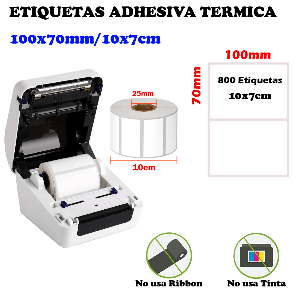 Imagen 2 del producto Pack 3 rollos de 800 etiquetas térmicas adhesivas 10x7 cm, impermeables y sin BPA para impresora térmica