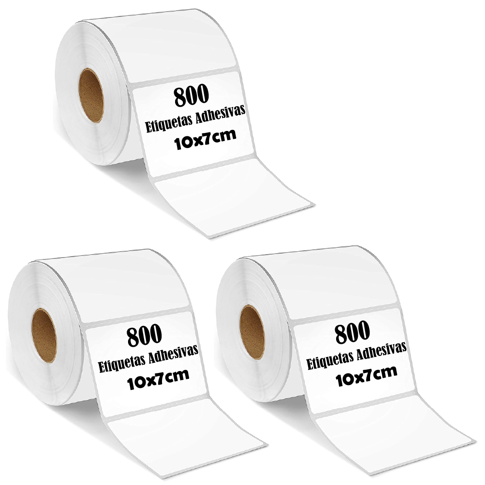 Pack 3 rollos de 800 etiquetas térmicas adhesivas 10x7 cm, impermeables y sin BPA para impresora térmica