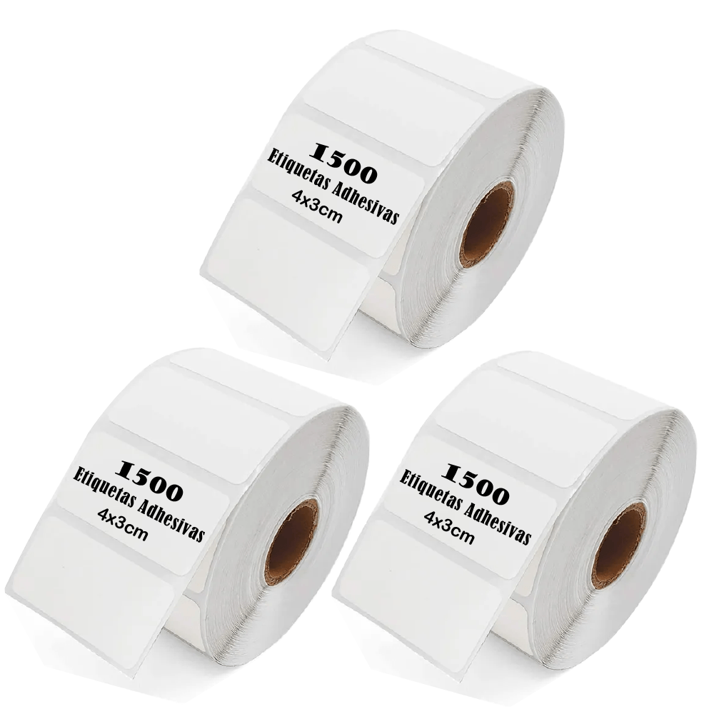 Etiquetas Térmicas Adhesivas 4x3cm, Pack 3 Rollos (1500 etiquetas), impermeables, alta calidad