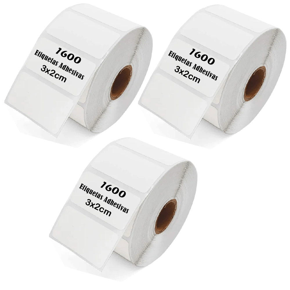 Etiquetas térmicas adhesivas 3x2cm pack 3 rollos, 1600 etiquetas c/u