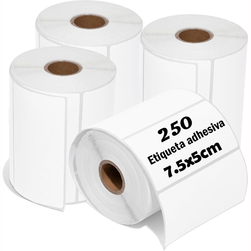 Etiquetas térmicas adhesivas 7.5x5cm pack 5 rollos, 250 etiquetas c/u