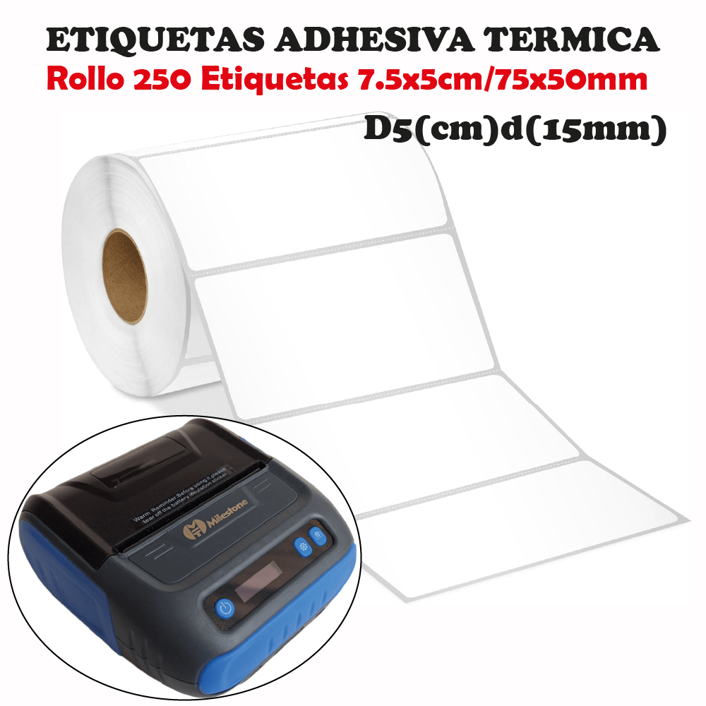 Imagen 2 del producto Etiquetas térmicas adhesivas 7.5x5cm pack 5 rollos, 250 etiquetas c/u