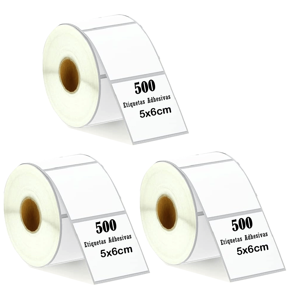 Imagen 1 del producto Pack 3 rollos de 500 etiquetas térmicas adhesivas 5x6cm, impermeables, para impresora comercial