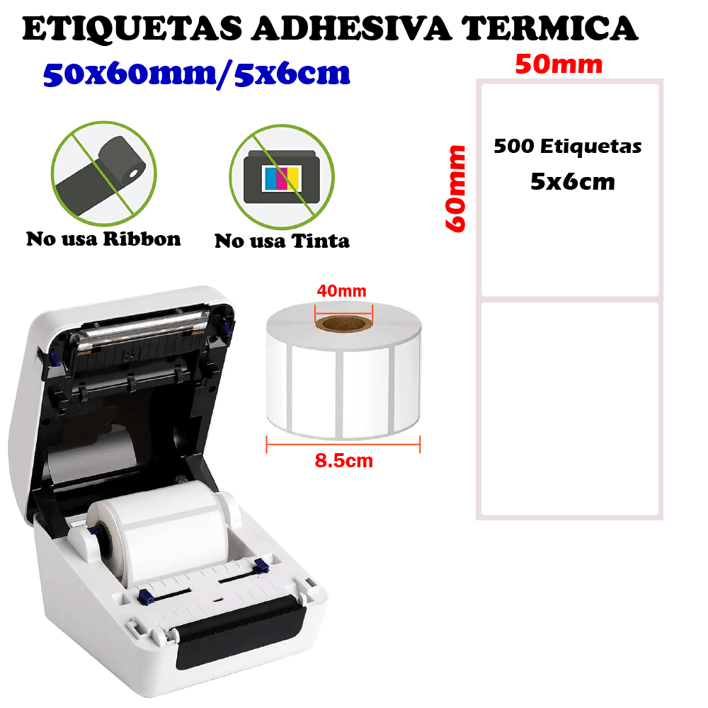 Imagen 2 del producto Pack 3 rollos de 500 etiquetas térmicas adhesivas 5x6cm, impermeables, para impresora comercial