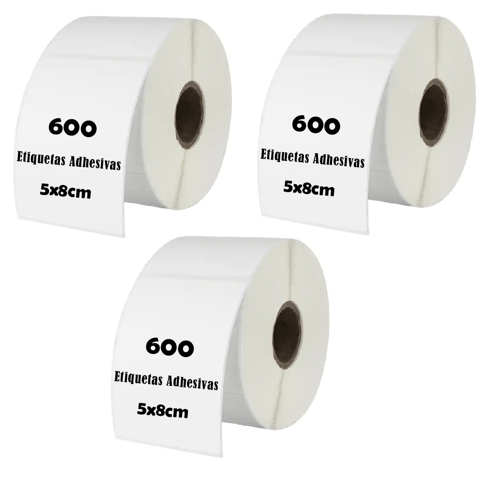 Pack 3 rollos de 600 etiquetas térmicas adhesivas 5x8cm, papel impermeable