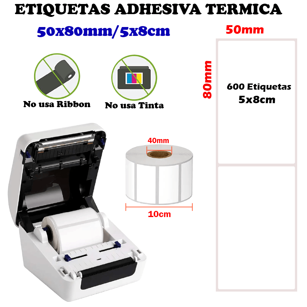 Imagen 2 del producto Pack 3 rollos de 600 etiquetas térmicas adhesivas 5x8cm, papel impermeable