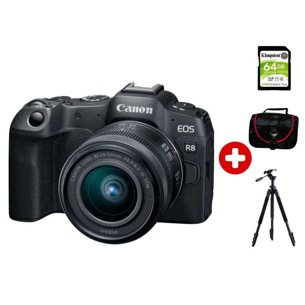 Cámara Canon EOS R8 + Lente RF 24-50mm f45-63 IS STM + Kit Deluxe