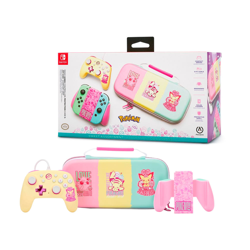 Mando Set Pokémon Nintendo Switch PowerA Pikachu, control nano, funda protectora