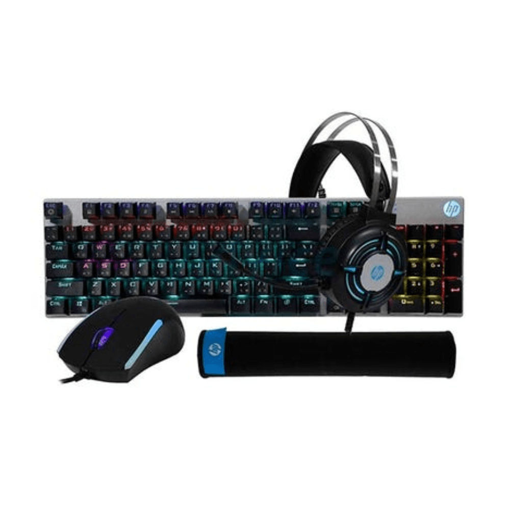 Combo HP gamer 4 en 1, Teclado + Mouse + Audífonos + Mouse Pad, negro - GM3000