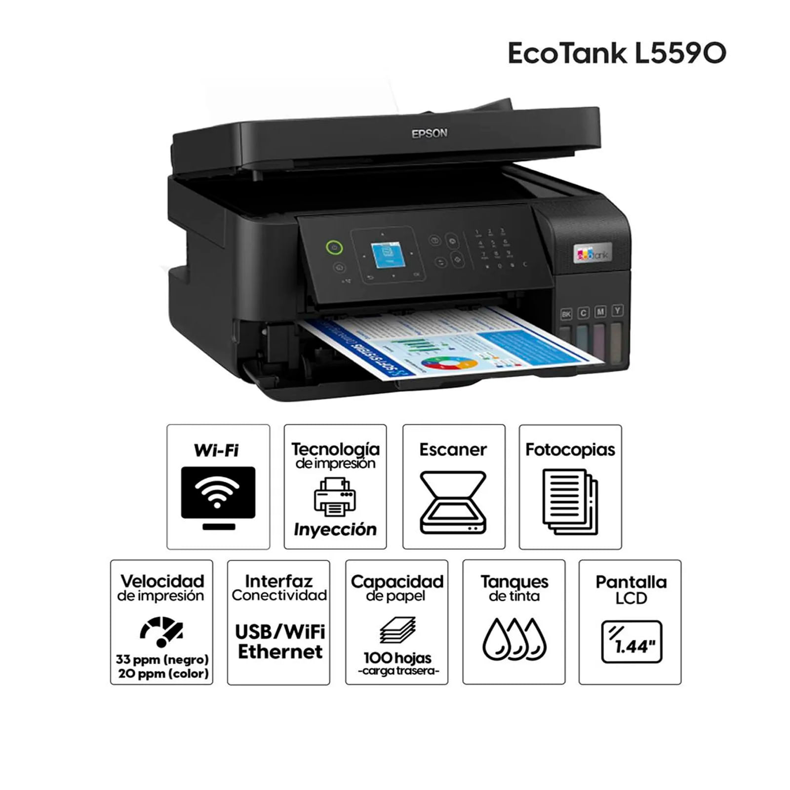 Imagen 2 del producto Impresora multifuncional Epson EcoTank L5590, inyección de tinta, inalámbrica, Wi-Fi, con tanques recargables