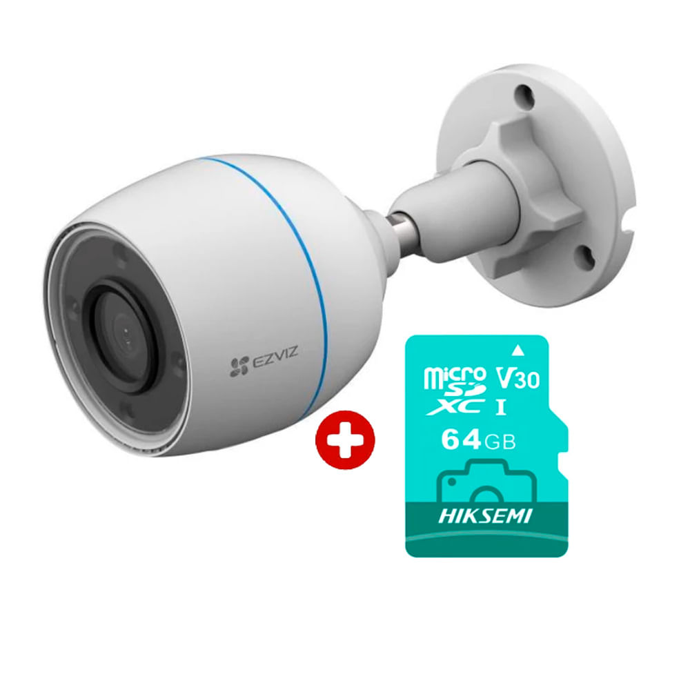 Cámara Ezviz H3c Full HD 1080p exterior IP67, visión nocturna, sirena, luz LED + MicroSD 64 GB, blanco