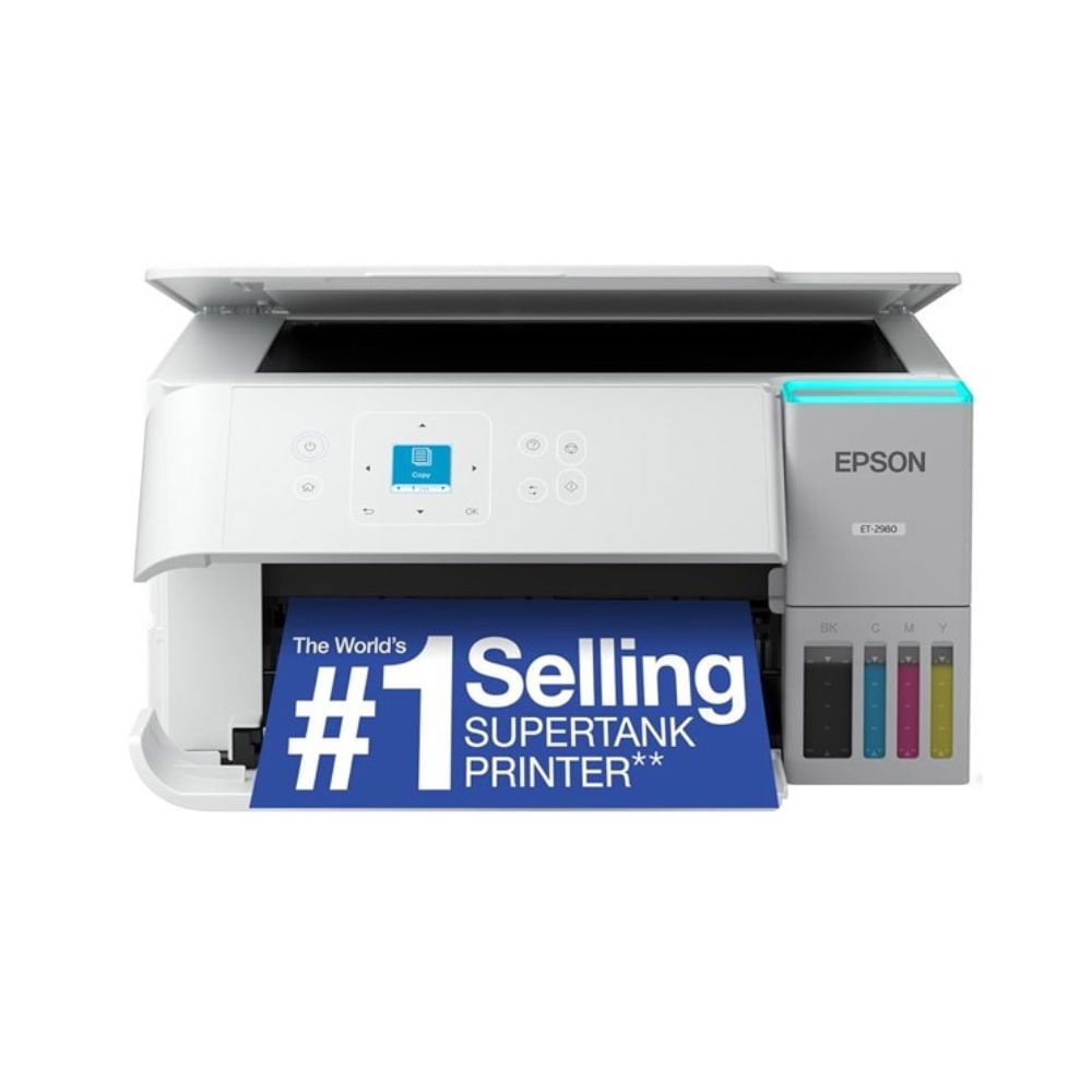 Impresora Epson EcoTank ET-2980, multifuncional, dúplex color A4, Wi-Fi, red, pantalla 2.4”, blanco
