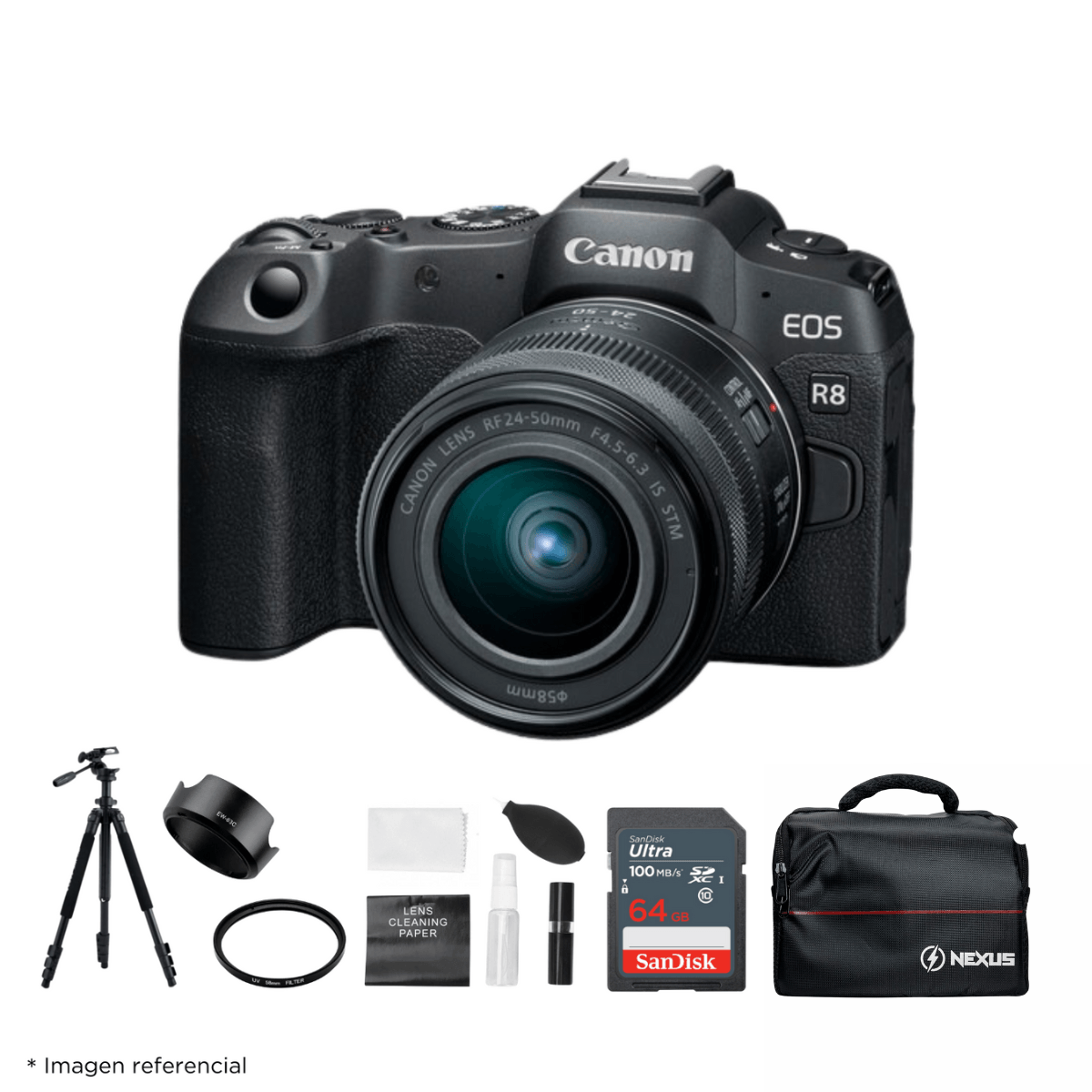 Imagen 1 del producto Cámara Canon EOS R8 Mirrorless Full Frame + Lente RF 24-50mm + Kit Ultimate, 24.2 MP, Video 4K, Wi-Fi, bluetooth