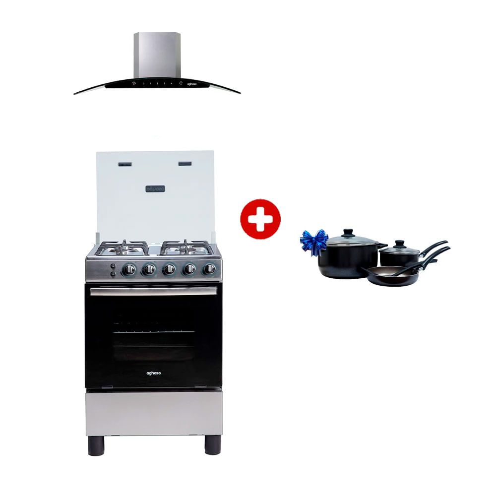 Combo: Cocina Aghaso 4 hornillas Essencial GLP + Campana chimenea touch 60 cm, acero