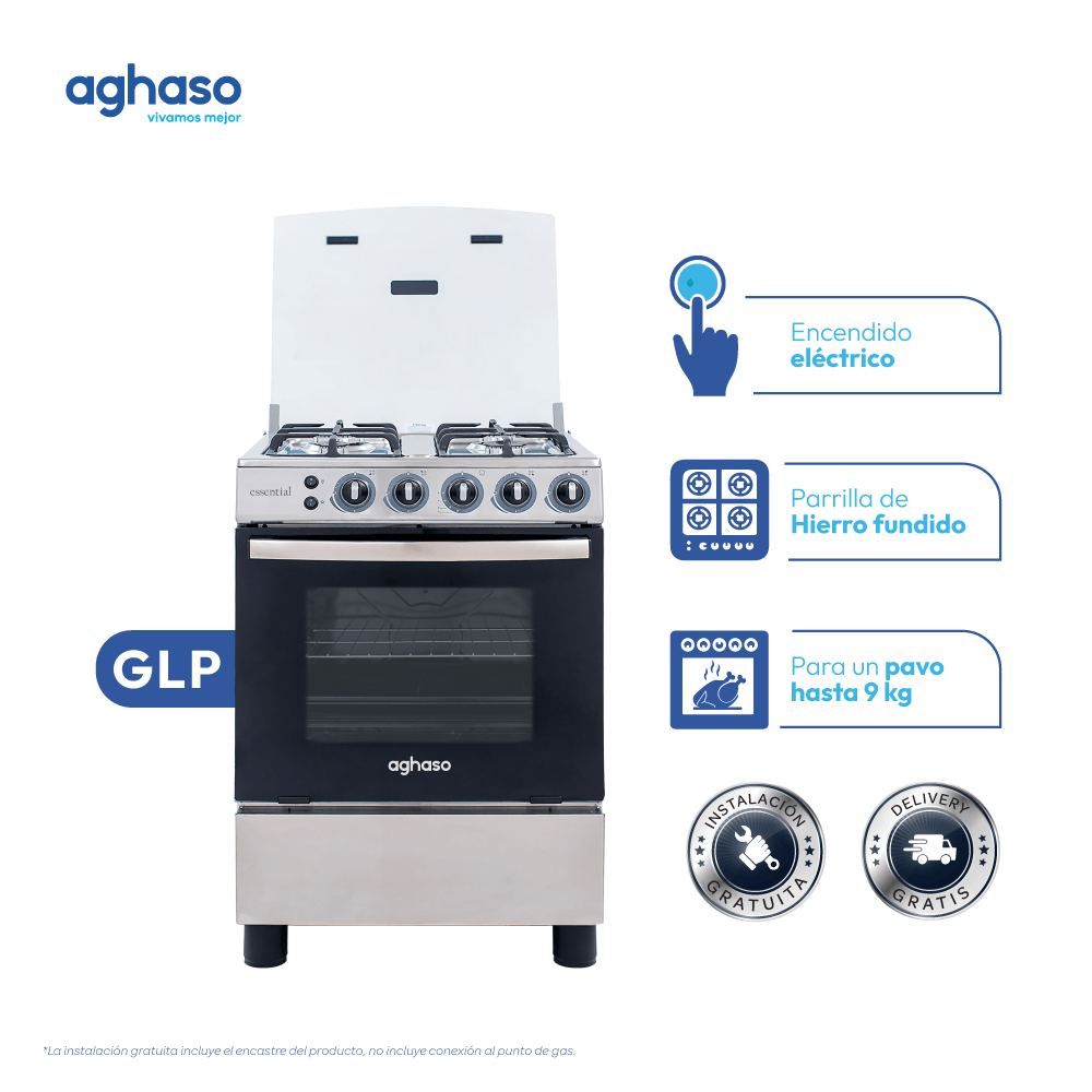 Imagen 2 del producto Combo: Cocina Aghaso 4 hornillas Essencial GLP + Campana chimenea touch 60 cm, acero