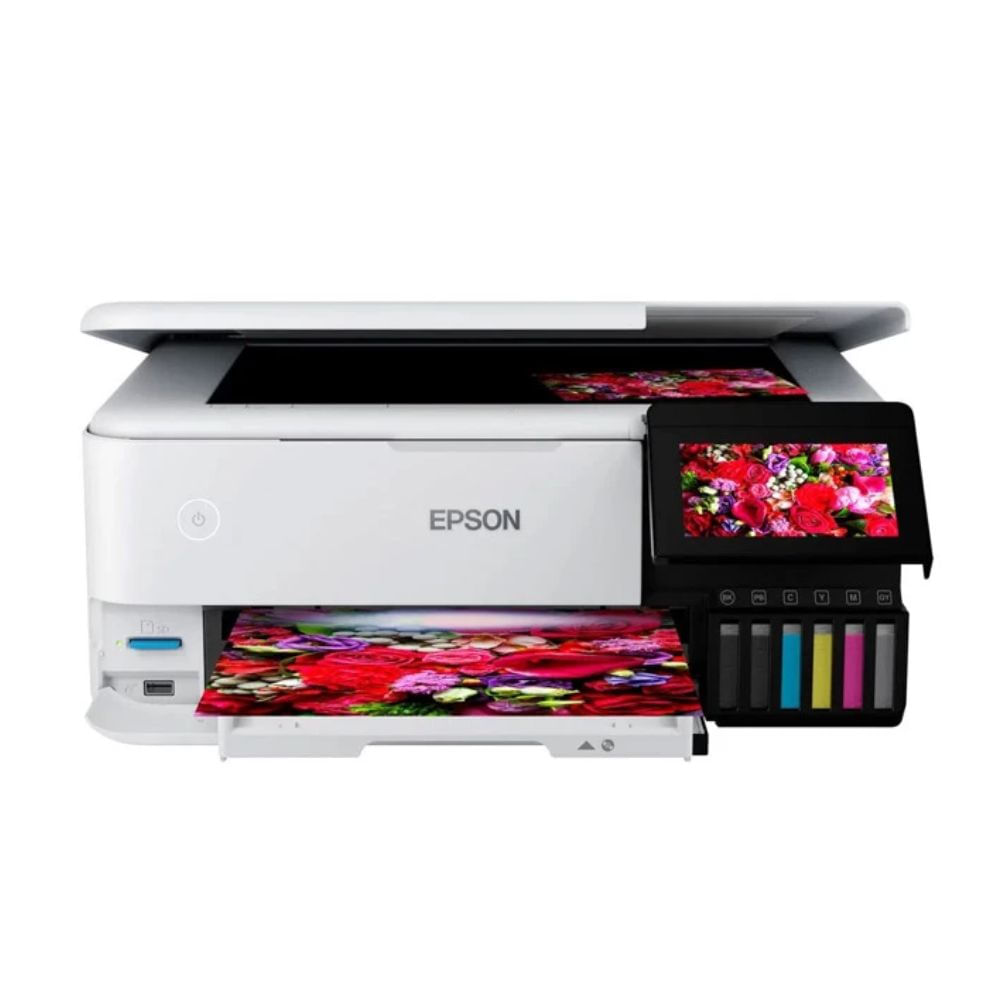 Impresora fotográfica Epson EcoTank Photo ET-8500, Duplex, Impresión en CD/DVD, touch 4.3'', ranura SD, Wi-Fi, ethernet, blanco