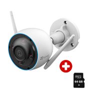 Combo cámara Ezviz H3 2K 3MP exterior con visión nocturna color, audio bidireccional, IP67, Wi-Fi, incluye SD 64GB