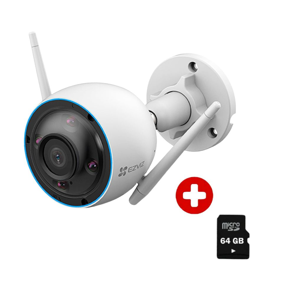 Combo cámara Ezviz H3 2K 3MP exterior con visión nocturna color, audio bidireccional, IP67, Wi-Fi, incluye SD 64GB