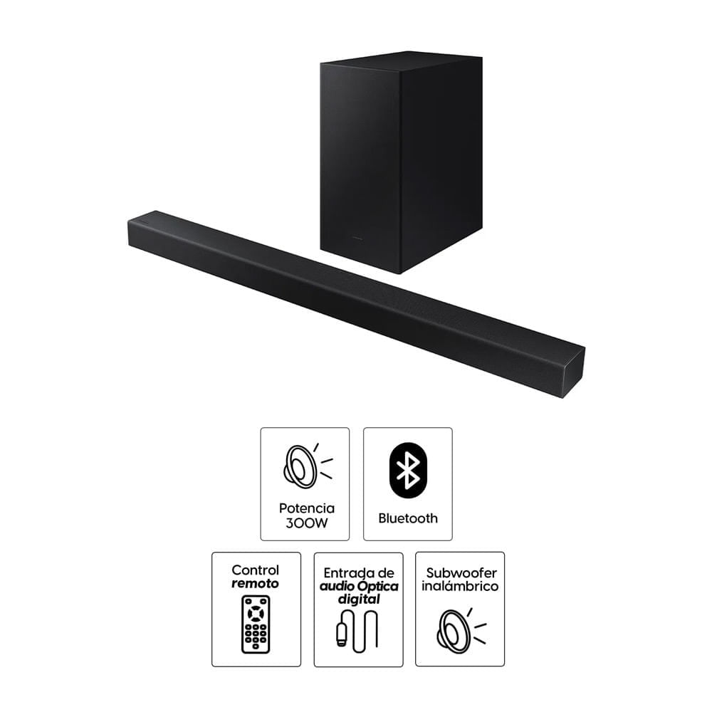 Imagen 2 del producto Barra de sonido Samsung A450 con subwoofer inalámbrico, 2.1 canales, 300W (reempacado)
