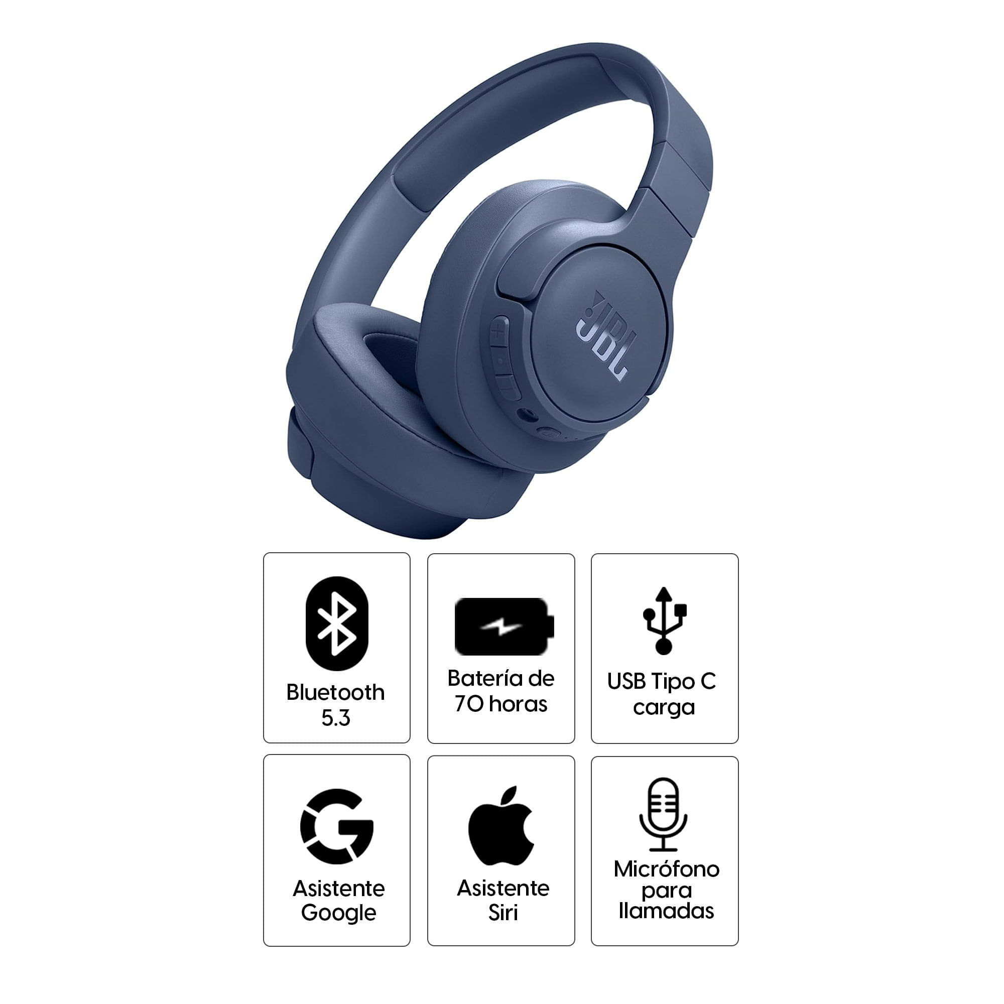 Imagen 2 del producto Audífonos con cancelación de ruido JBL T770 Pure Bass micrófono incorporado, máx. 70 horas, control de música y llamadas, azul (reempacado)