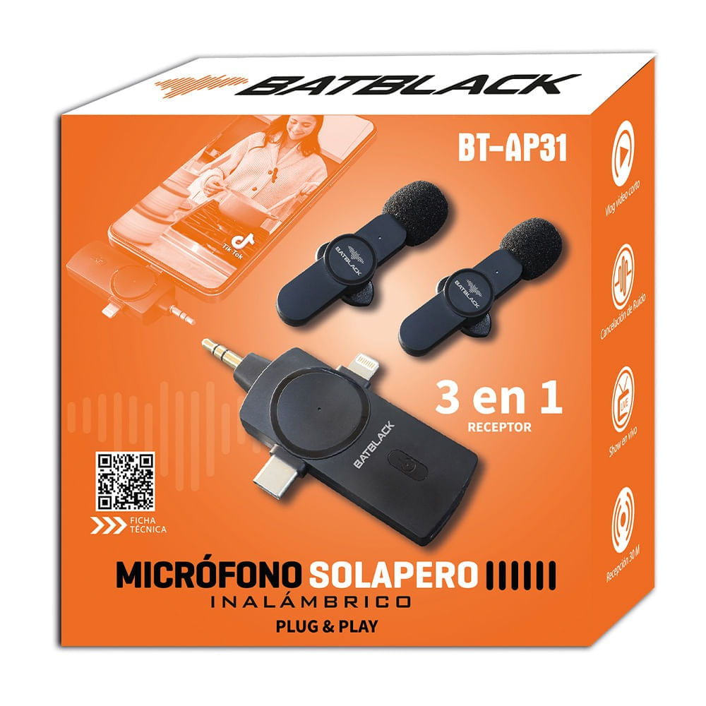 Imagen 2 del producto Reacondicionado: Micrófono Inalámbrico Lavalier BatBlack, 2 Micrófonos, Estuche Recargable, Conectores Tipo C/Lightning/3.5mm, negro