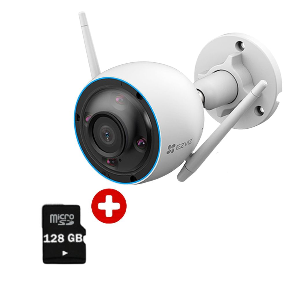 Combo cámara de seguridad Ezviz H3 2K 3MP Wi-Fi exterior, visión nocturna color, defensa activa, microSD 128GB