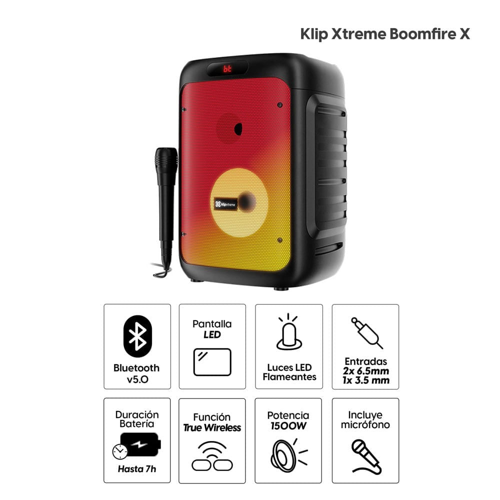 Imagen 2 del producto Reacondicionado: Parlante de torre bluetooth Klip Xtreme Boomfire X 1500W, hasta 7 horas de reproducción, luces LED, negro