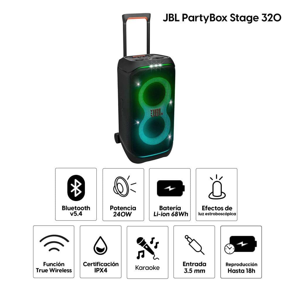 Imagen 2 del producto Parlante bluetooth JBL PartyBox Stage 320 potencia 240W, resistente al agua IPX4, batería hasta 18 horas, con luces , negro (reempacado)