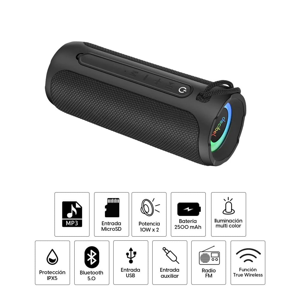 Imagen 2 del producto Reacondicionado: Parlante bluetooth Decibel Roller 20W, IPX5, Radio FM/entrada MicroSD/USB/TWS, hasta 8 horas de reproducción, negro