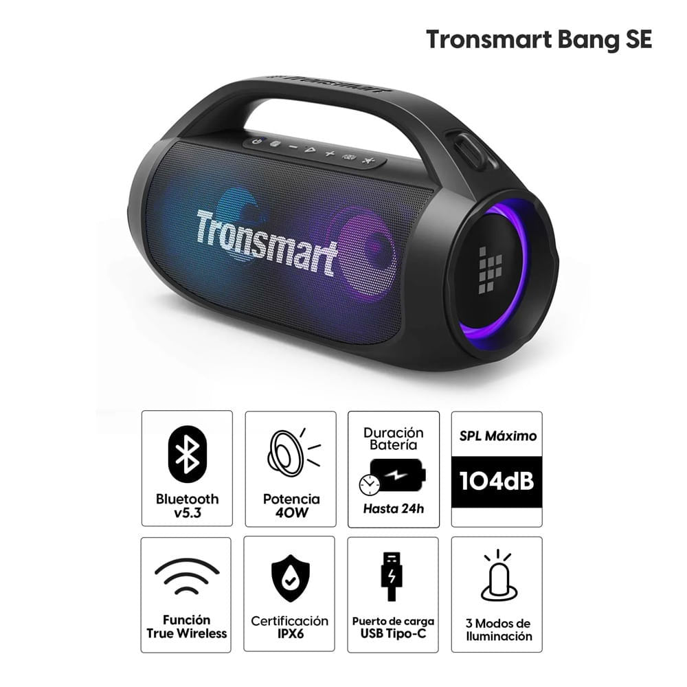 Imagen 2 del producto Reacondicionado: Parlante bluetooth Tronsmart Bang SE 40W, resistente al agua IPX6, hasta 24 horas de reproducción, 3 modos de luz, negro