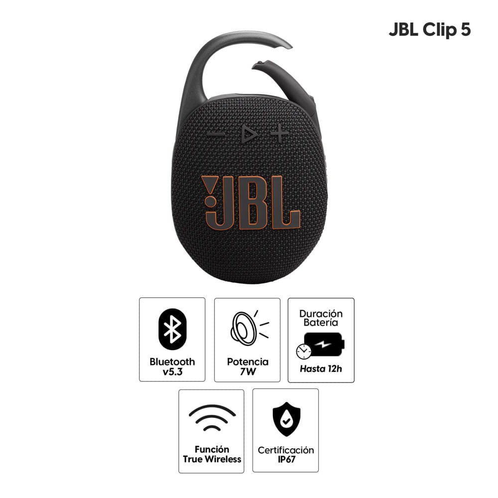 Imagen 2 del producto Reacondicionado: Parlante bluetooth JBL Clip 5 potencia 7W, resistente al agua IP67, hasta 12 horas de reproducción, negro