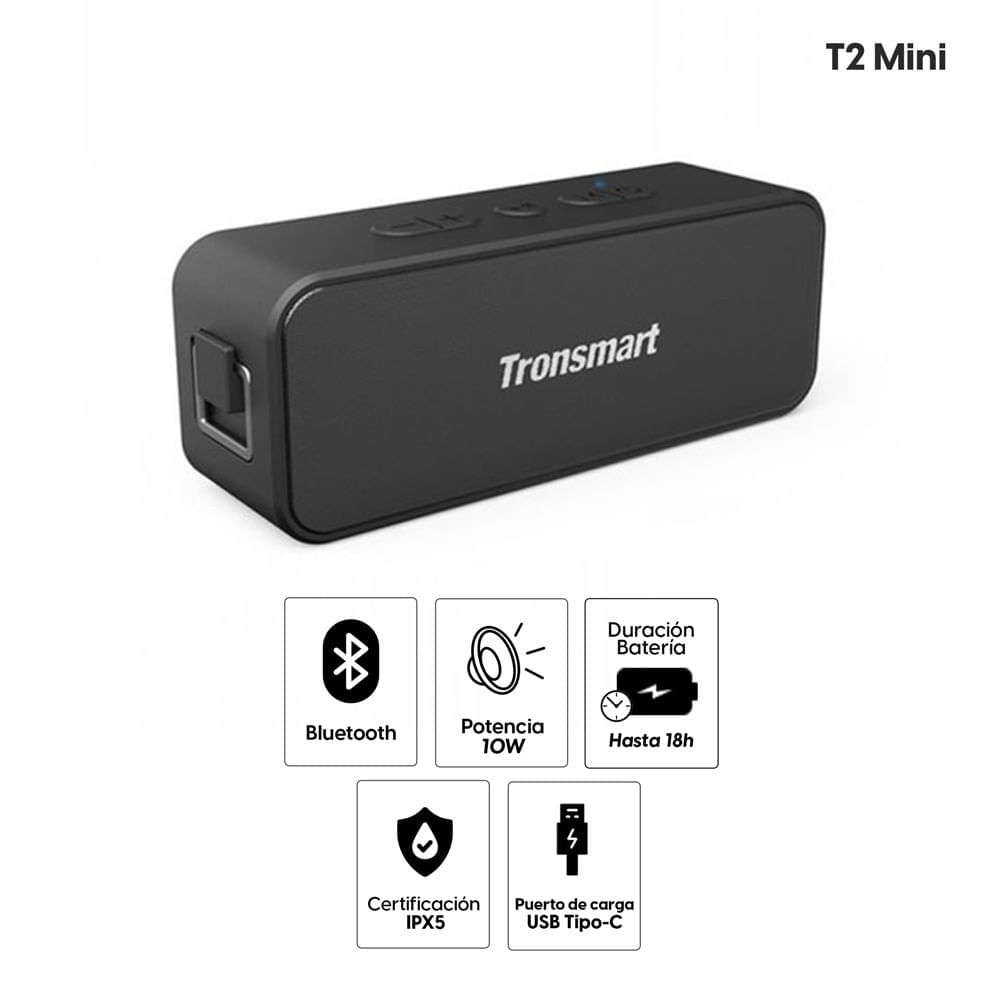 Imagen 2 del producto Reacondicionado: Parlante Bluetooth T2 Mini 10W, resistente al agua IPX5, hasta 18 horas de reproducción, puerto de carga Tipo-C, negro