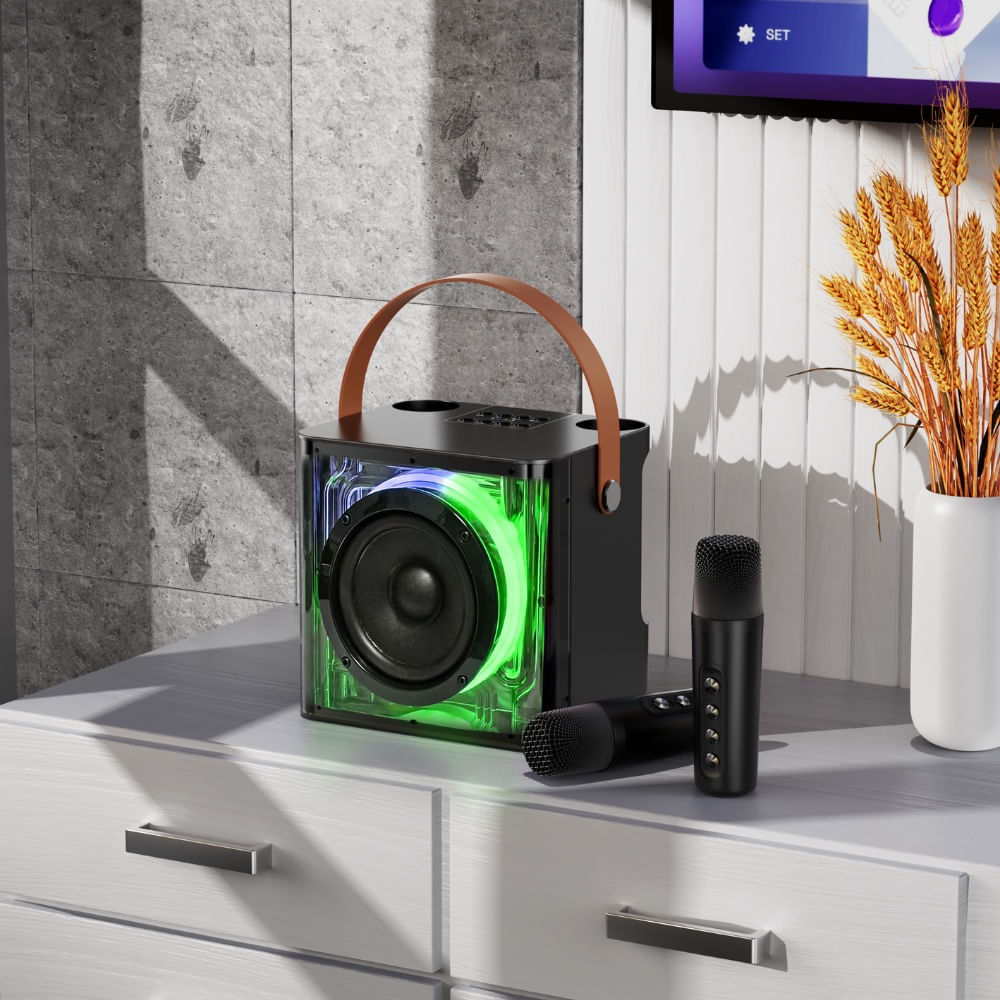 Imagen 2 del producto Reacondicionado: Parlante bluetooth karaoke Izuum, potencia 10W, incluye 2 micrófonos inalámbricos, luces LED, puertos USB, TF, AUX y carga Tipo-C