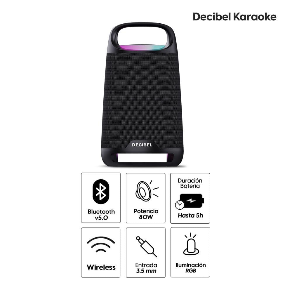 Imagen 2 del producto Reacondicionado: Parlante Bluetooth Decibel Karaoke 80W, hasta 5 horas de reproducción, TWS, luces RGB, negro