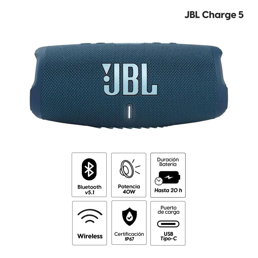 Imagen 2 del producto Parlante Bluetooth JBL Charge 5 40W, IP67 impermeable, hasta 20 horas de reproducción, puerto de carga USB-C, azul (reempacado)