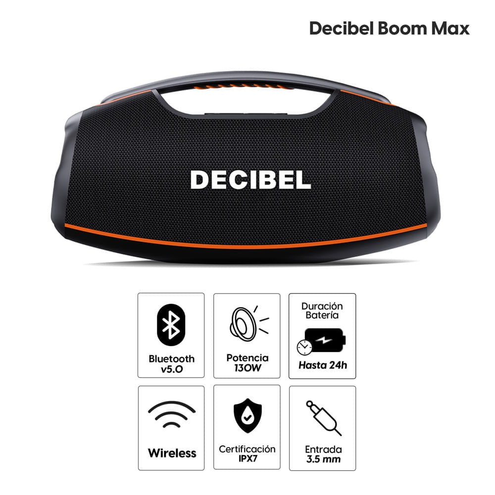 Imagen 2 del producto Parlante Bluetooth Decibel Boom Max 130W, IPX7, Powerbank/EQ Modes, hasta 24 horas de reproducción, negro (reempacado)