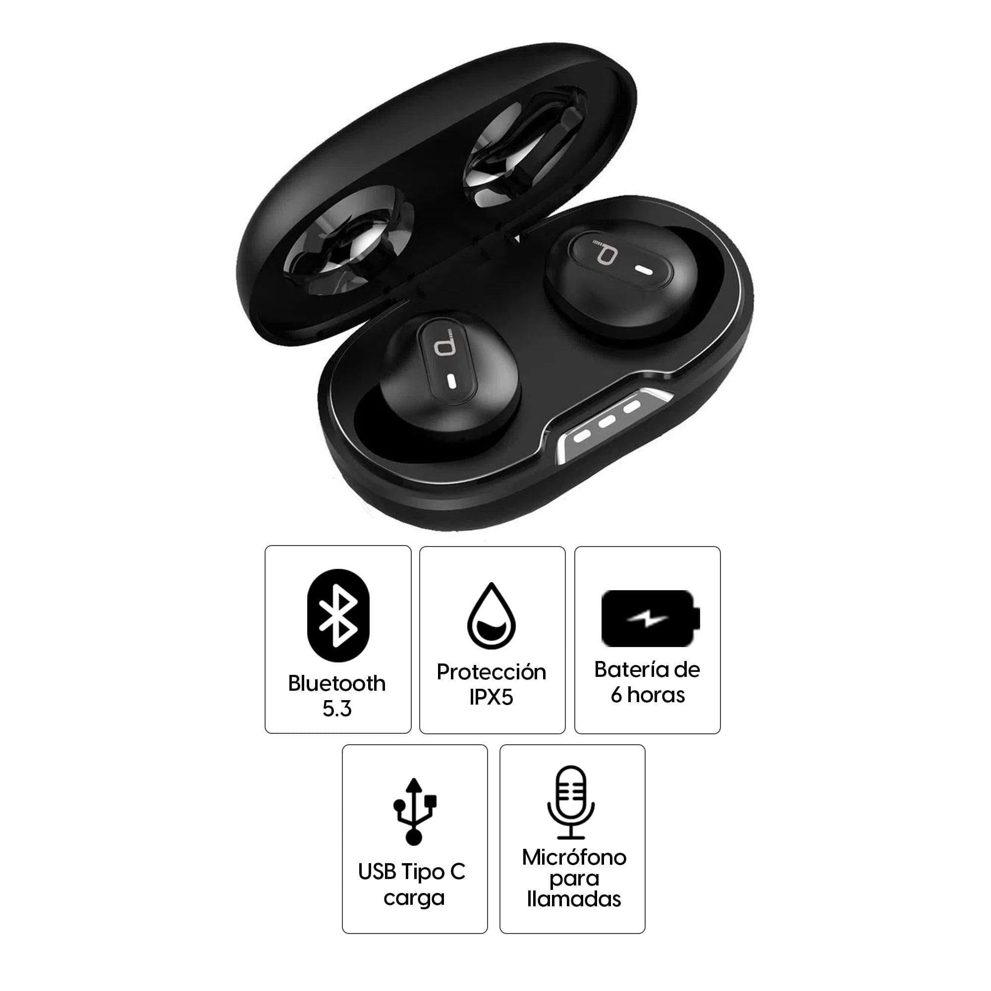 Imagen 2 del producto Audífonos bluetooth True Wireless Decibel resistente al agua IPX5, duración máx. 6 horas con estuche de carga, controles táctil, negro (reempacado)