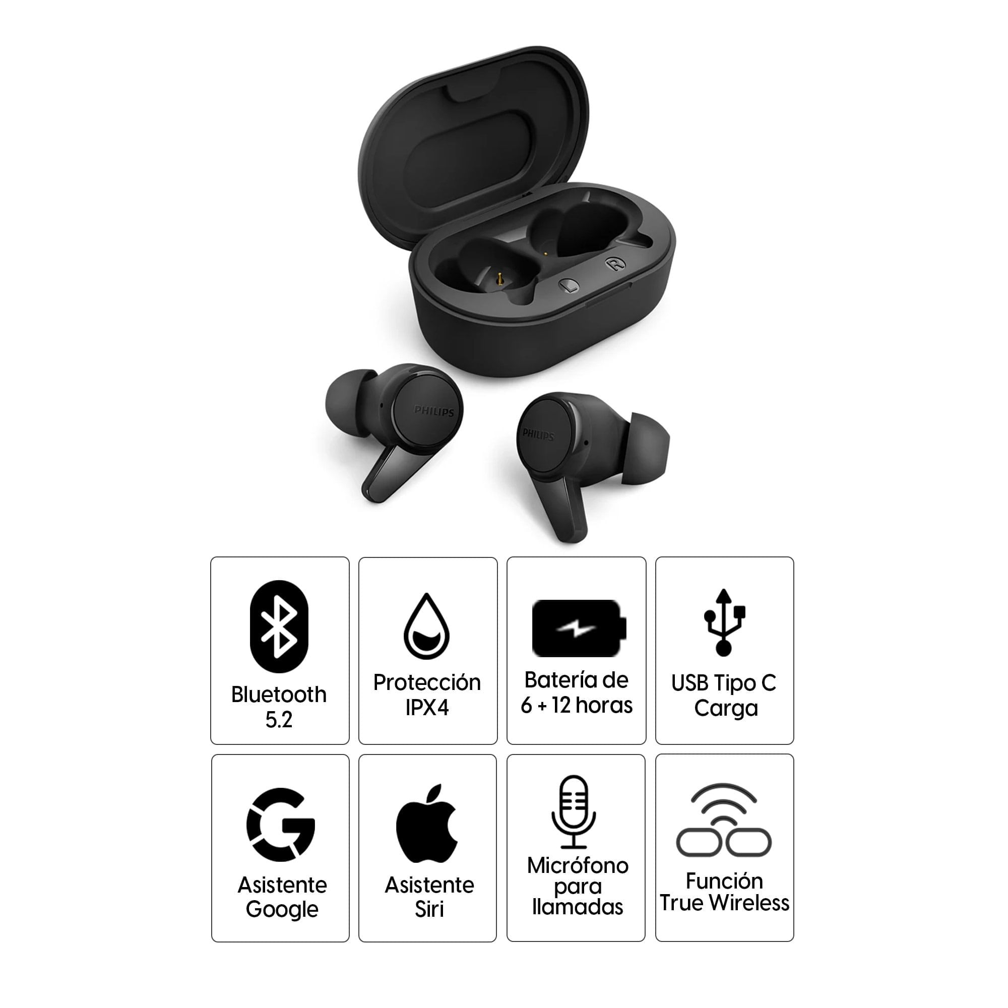 Imagen 2 del producto Audífonos bluetooth True Wireless Philips TAT1207 resistente al agua IPX4, duración máx. 6 horas, control de música y llamadas, negro (reempacado)