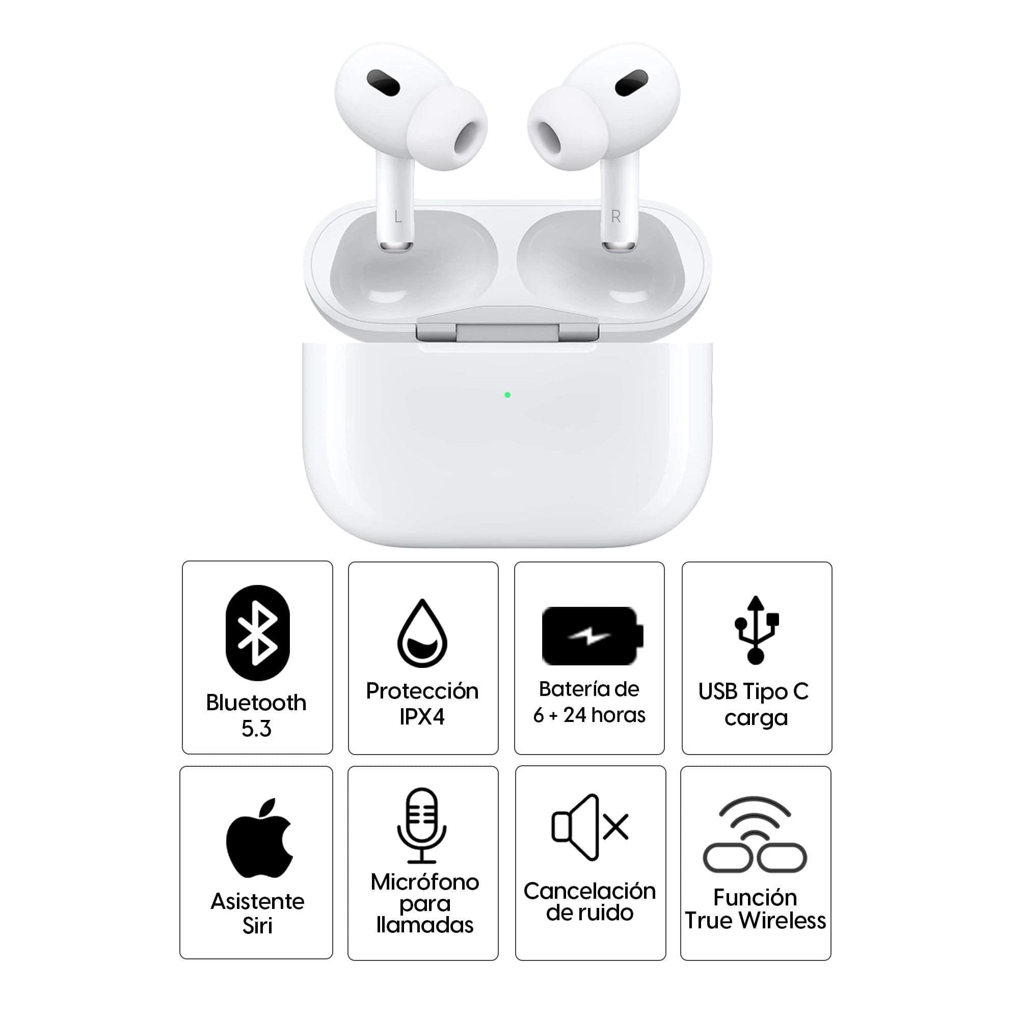 Imagen 2 del producto Airpods Pro 2da gen cancelación de ruido, resistente al agua IPX4, duración máx. 30 horas con estuche de carga, MagSafe, blanco (reempacado)